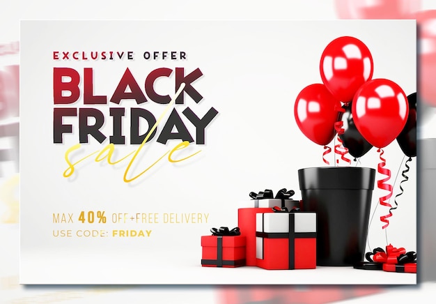 Black friday sale banner template with 3d gifts and balloons