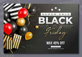 Free PSD black friday sale banner template with 3d gifts and balloons