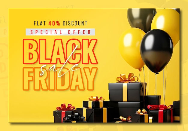 Free PSD black friday sale banner template with 3d gifts and balloons