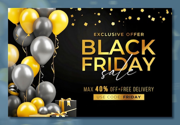 Free PSD black friday sale banner template with 3d gifts and balloons