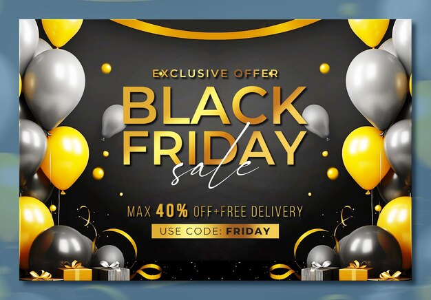 black friday sale banner template with 3d gifts and balloons