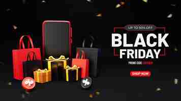 Free PSD black friday sale banner template with 3d gifts