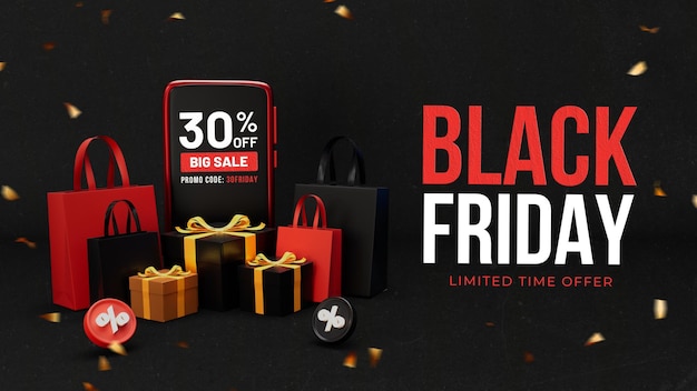 Free PSD black friday sale banner template with shop bags and 3d gifts