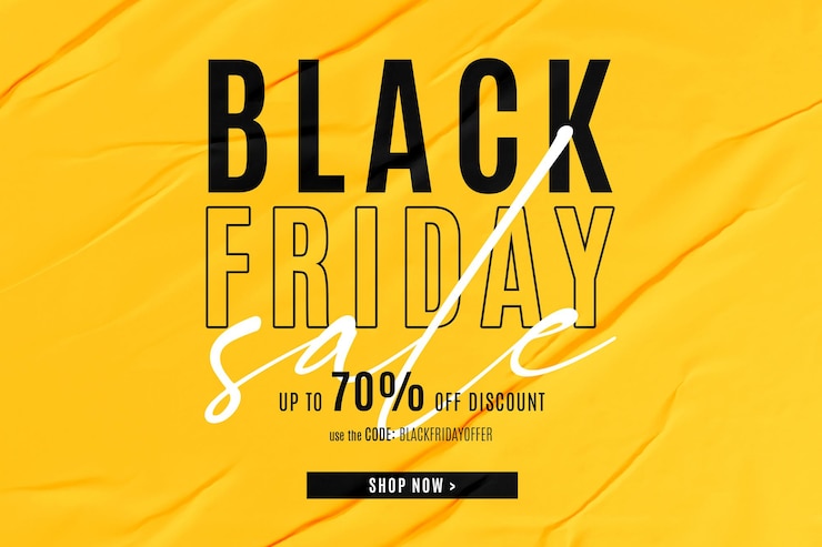 Free PSD black friday sale banner in yellow glued paper background