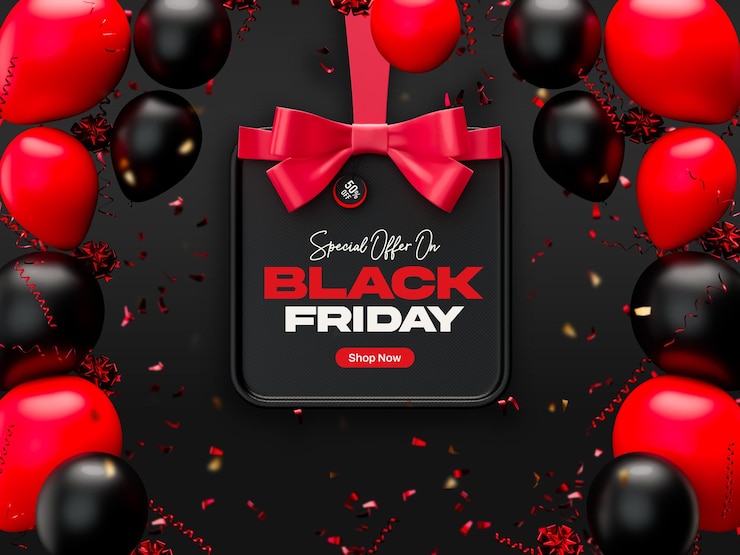Free PSD black friday sale social media banner design template with realistic balloons