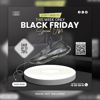 Черная пятница спортивная обувь sosial media post и шаблон веб-баннера с 3d фоном