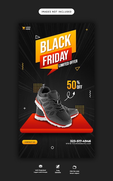 PSD gratuito modello di banner per la storia di instagram e facebook di super vendita del black friday