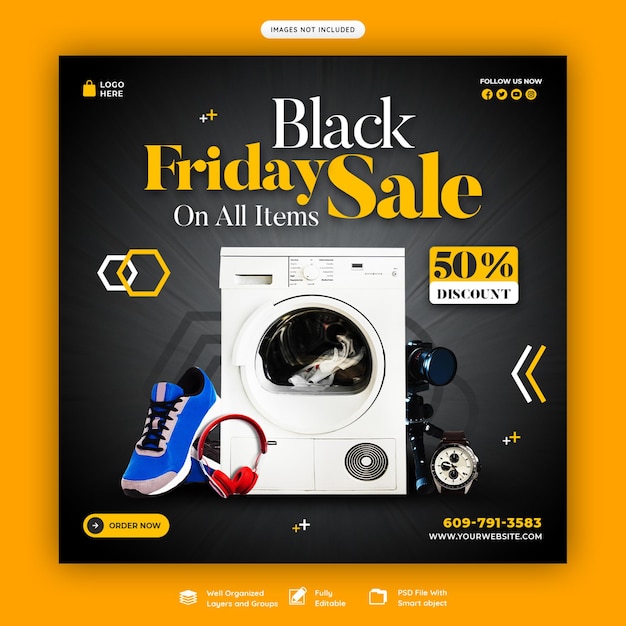 Modello di banner di social media di vendita super black friday