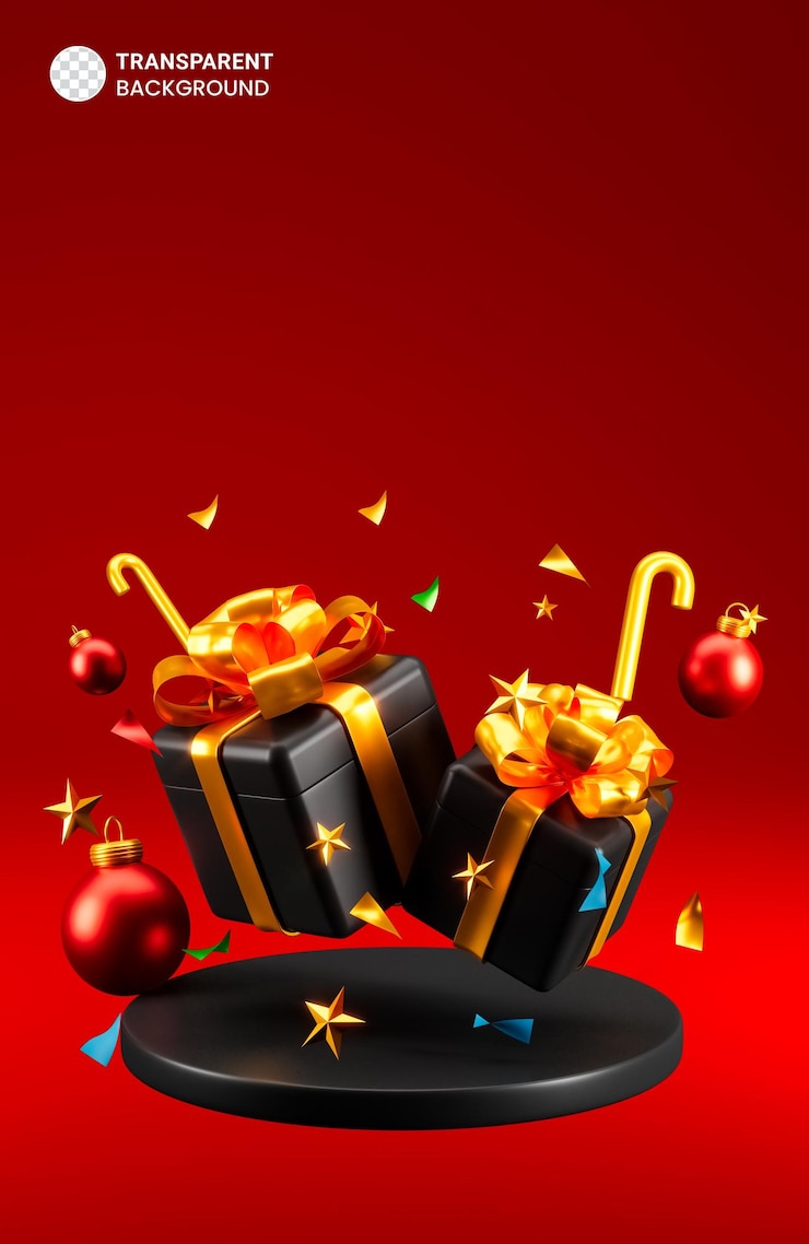 Free PSD black gift boxes with golden ribbon on podium stage background