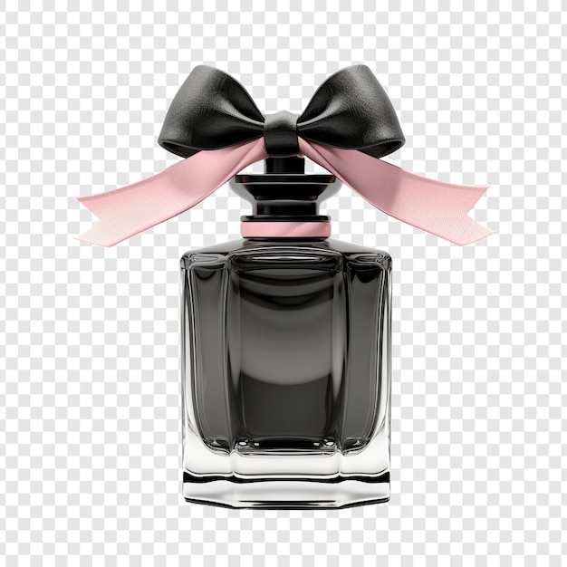 Free PSD black glass perfume bottle and pink ribbon isolated on transparent background