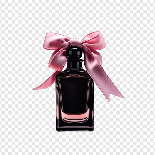 Free PSD black glass perfume bottle and pink ribbon isolated on transparent background