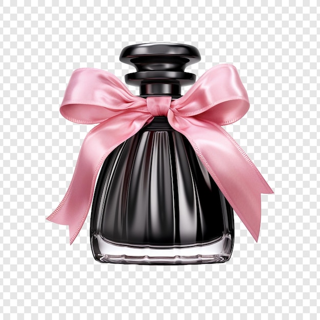 Free PSD black glass perfume bottle and pink ribbon isolated on transparent background