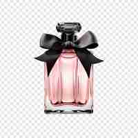 Free PSD black glass perfume bottle and pink ribbon isolated on transparent background