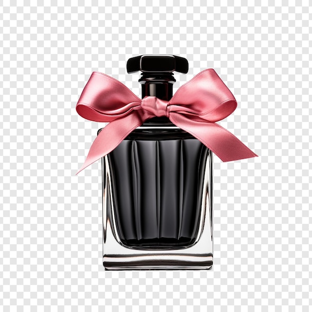 Free PSD black glass perfume bottle and pink ribbon isolated on transparent background