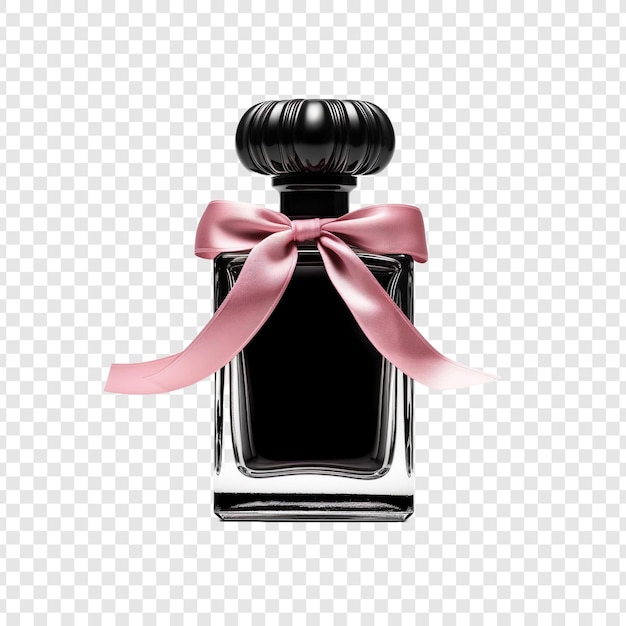 Free PSD black glass perfume bottle and pink ribbon isolated on transparent background