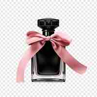 Free PSD black glass perfume bottle and pink ribbon isolated on transparent background