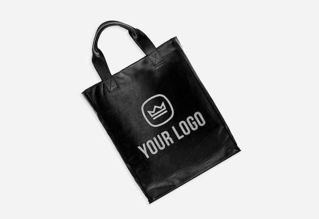 Black leather tote bag logo mockup isolated