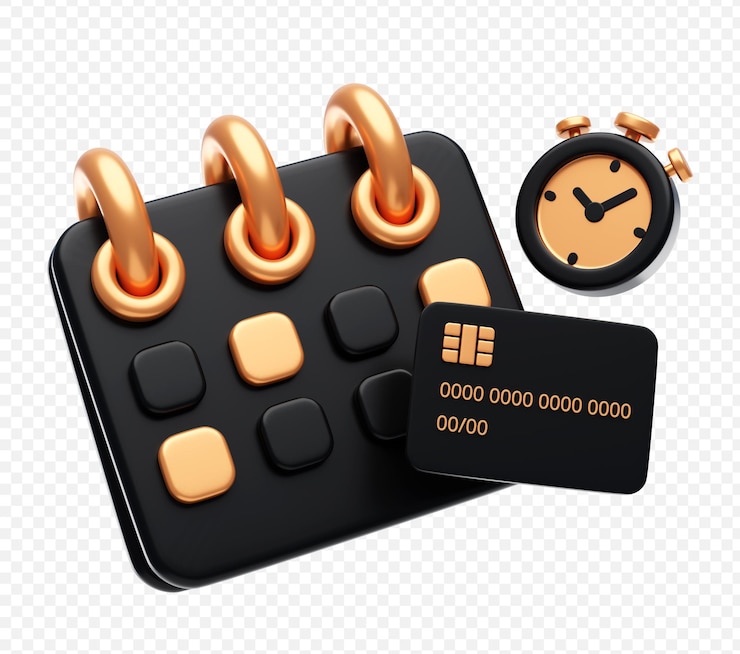 Free PSD black shopping calendar with clock icon icon 3d illustration