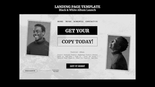 Black and white album launch landing page