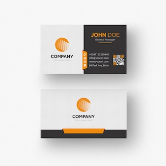 Black and white business card with orange details