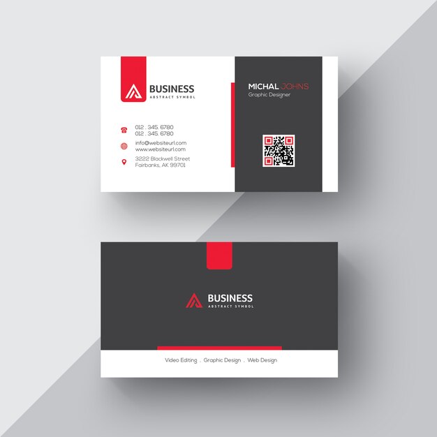 Black and white business card with red details