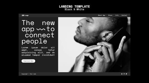 Free PSD black and white landing page template with photo