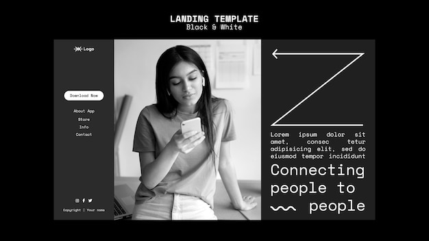 Modello di pagina di destinazione in bianco e nero con foto