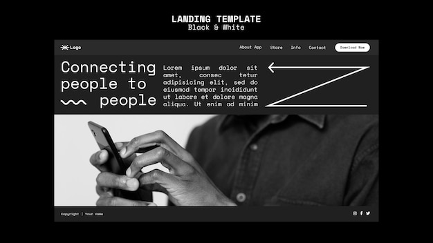 Free PSD black and white landing page template with photo