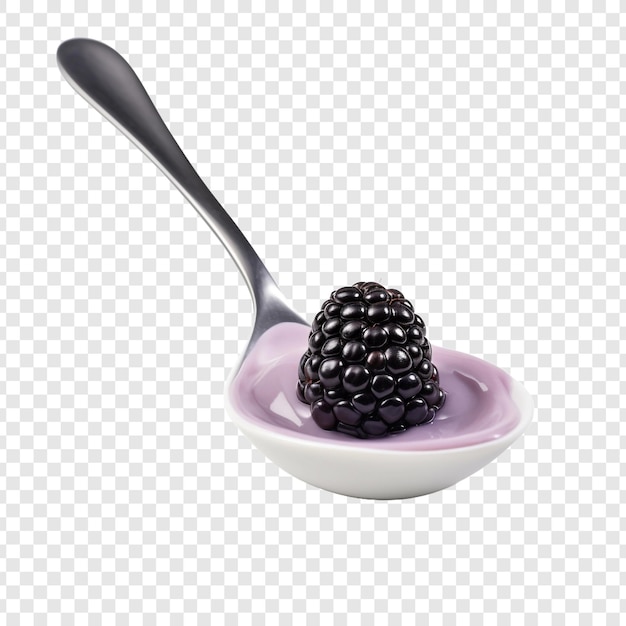 Free PSD blackberry yoghurt on spoon isolated on transparent background