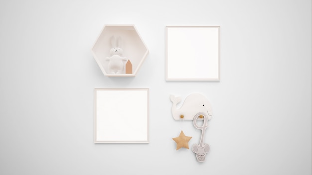 Blank photo frames mockup hanging on the wall next to a bunny toy