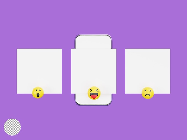 3Dレンダリングによるソーシャルメディアマーケティングコンセプトの感情を持つスマートフォンの空白の画面