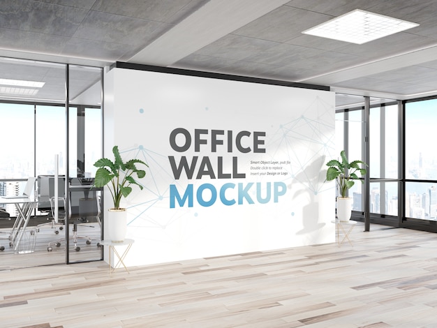 Blank wall in bright wood office mockup