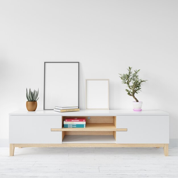 Blank white frame mockup on wooden table