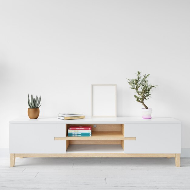 Blank white frame mockup on wooden table