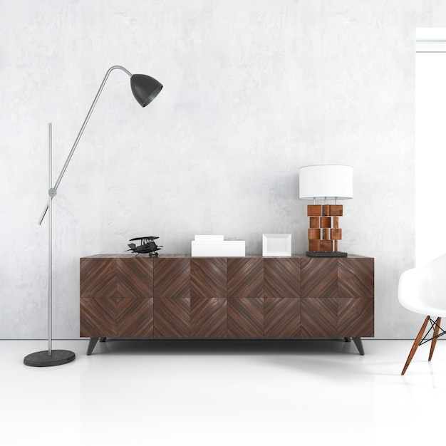 Free PSD blank white wall mockup with wooden table and lamps