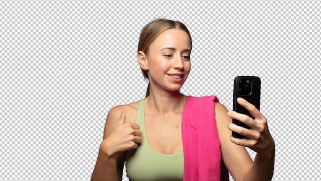 blonde fitness woman with a smart phone