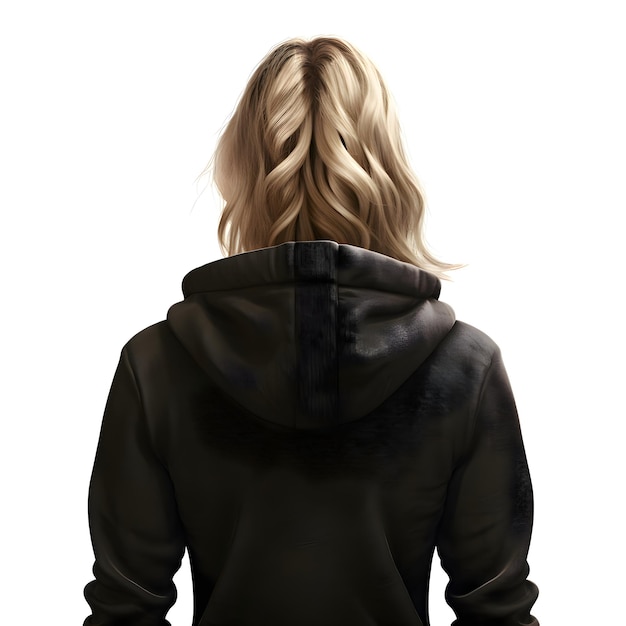 Blonde girl in black hoodie rear view isolated over white