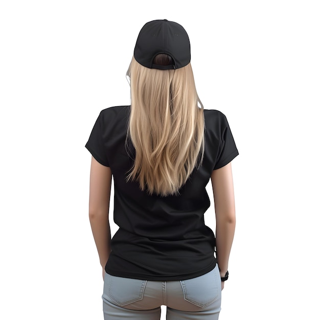 Free PSD blonde girl in black t shirt and baseball cap isolated on white background