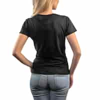 Free PSD blonde girl in blank black t shirt isolated on white background