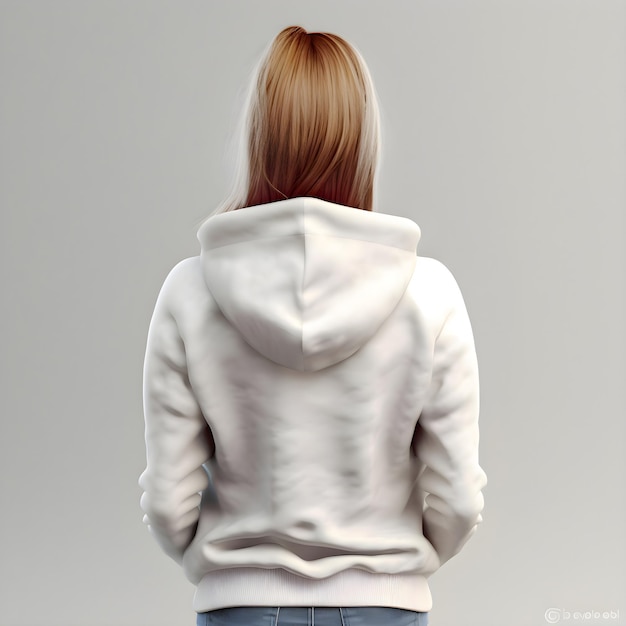 Free PSD blonde girl in a white hoodie on a gray background back view