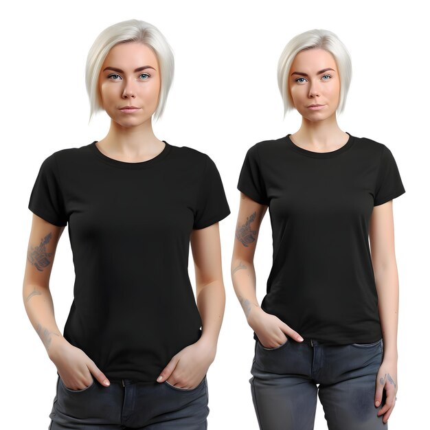 Blonde woman in black t shirt isolated on white background