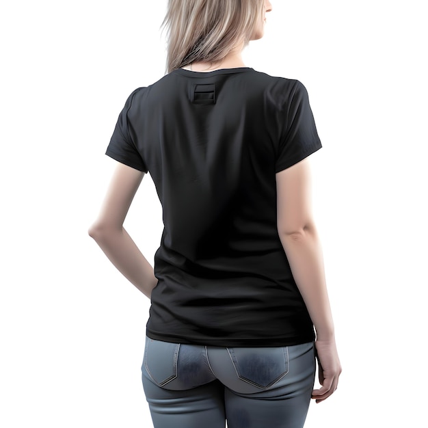 Blonde woman in black t shirt and jeans on white background