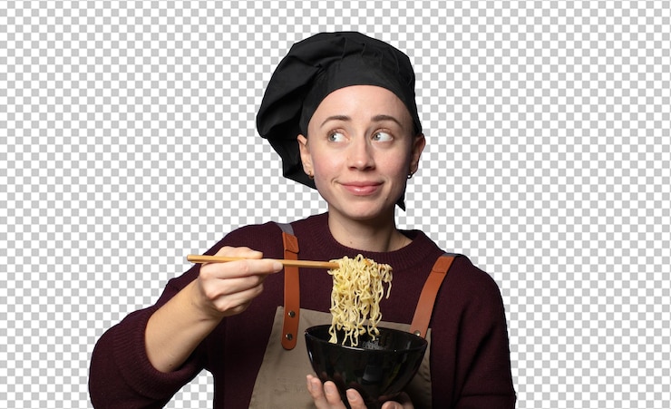 Free PSD blonde young pretty chef woman with a ramen bowl