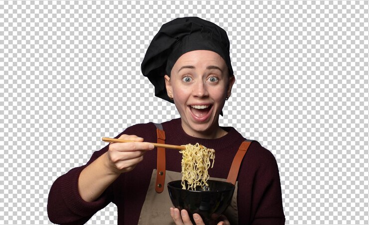 Free PSD blonde young pretty chef woman with a ramen bowl