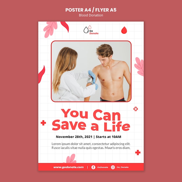 Free PSD blood donation poster or flyer design template