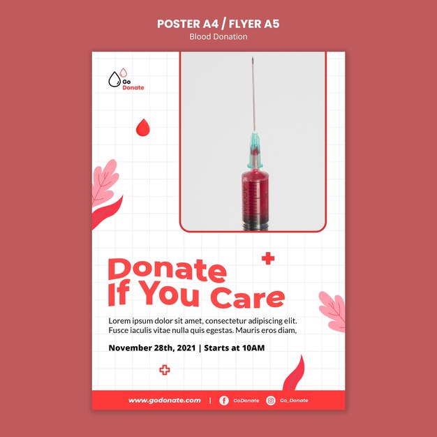 Free PSD blood donation poster or flyer design template