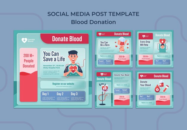 Raccolta di post sui social media per la donazione di sangue