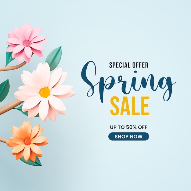 Free PSD blooming flowers spring sale 3d post design template