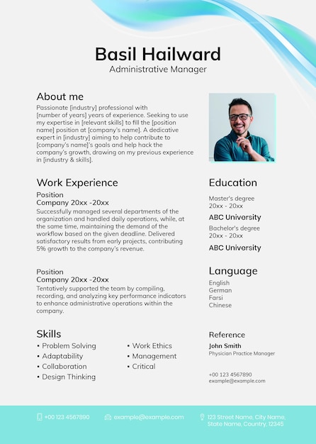 Blue abstract resume template psd with photo