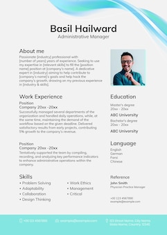 Blue abstract resume template psd with photo